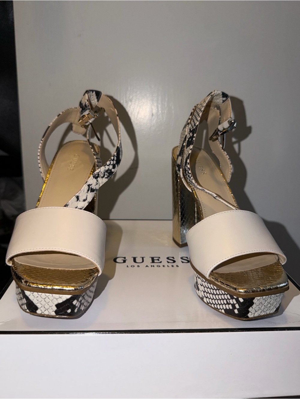 GUESS White and Snake-Print Platform Heels with Gold Accents